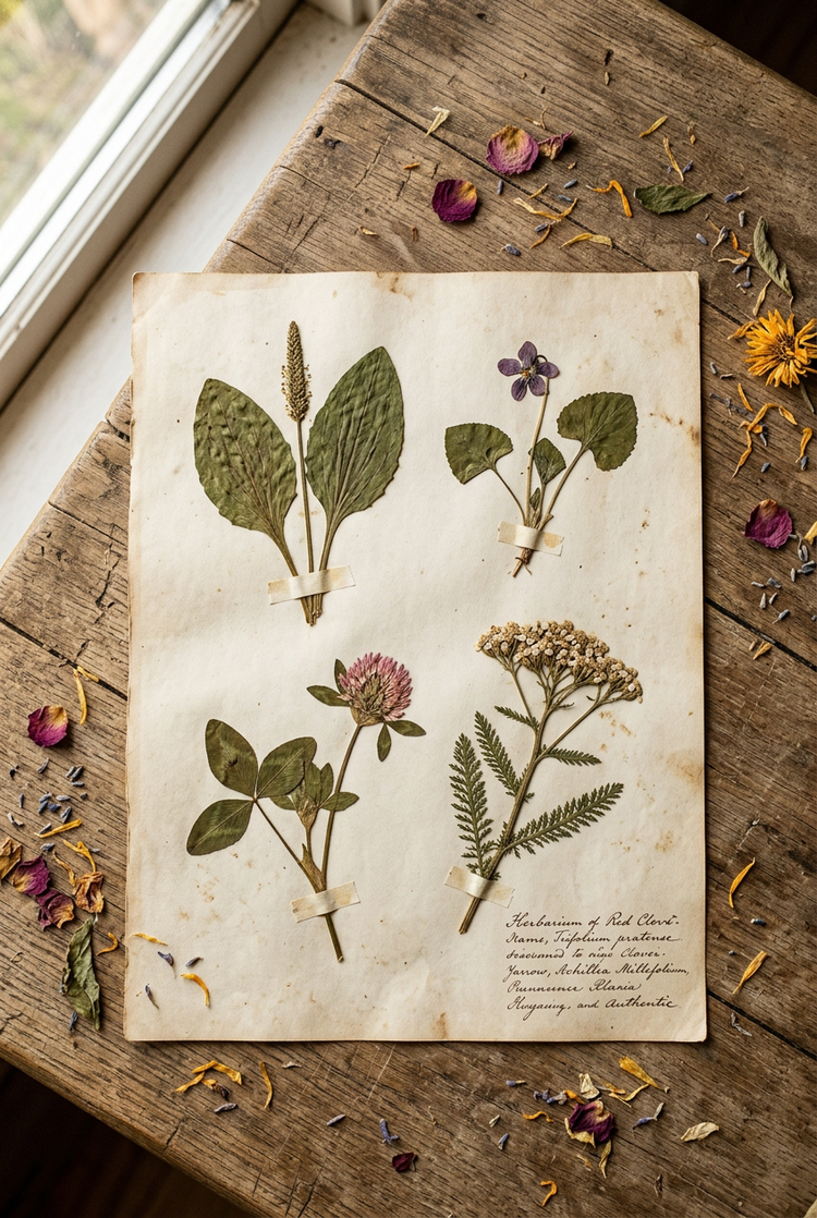 Pressed herbarium sheet of plantain, violet, red clover and yarrow